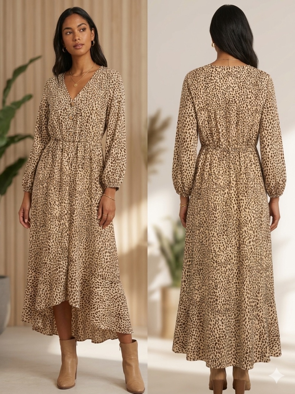 Brovave Animal Print Tiered Maxi Dress Women’s Medium Boho Long Sleev